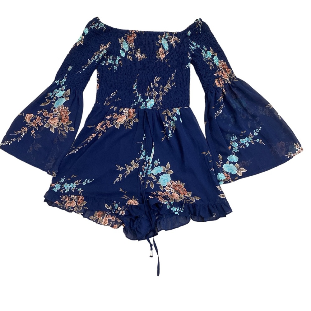 Navy floral Smocked off the shoulder chiffon bell sleeve romper